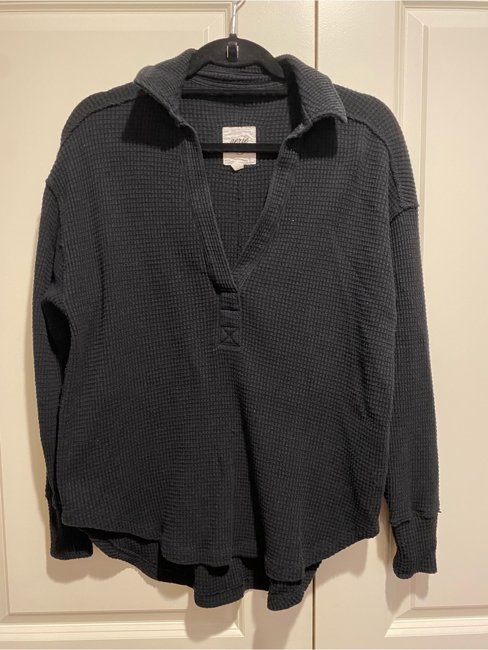 Aerie - Cozy Black Waffle Knit Collared Top